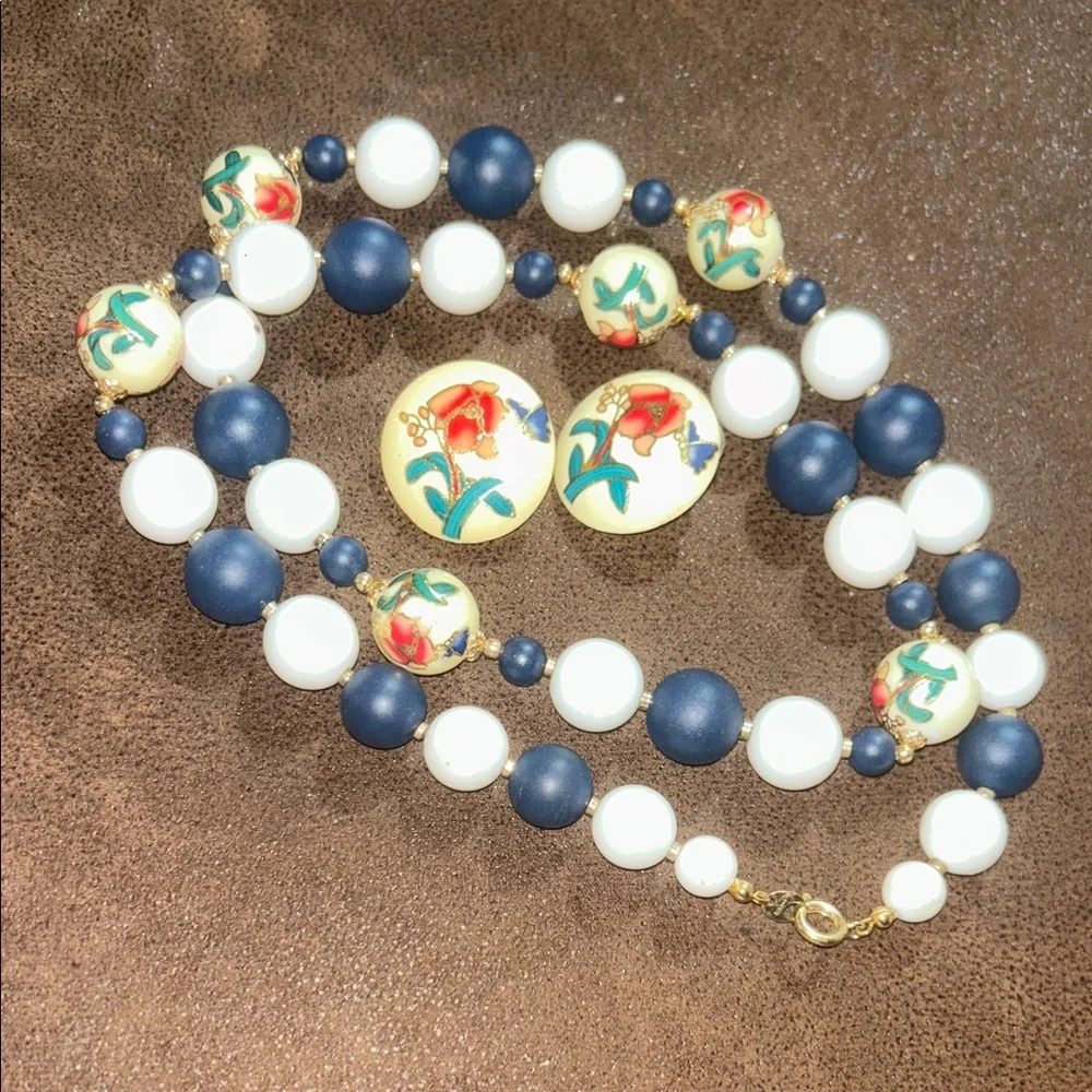 Folk Art-Cloisonne Vintage Beaded Painted Japan Necklace & Earring Set